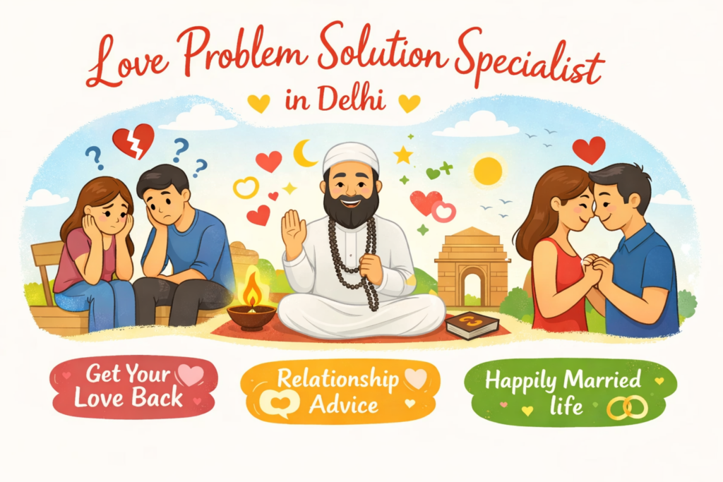 Love problem solution specialist in Delhi offering relationship advice, get your love back solutions, and happy married life guidance by Muslim astrologer.